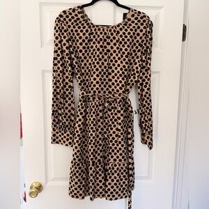 Who What Wear Tan Polka Dot Long Sleeve Tie-Waist Dress